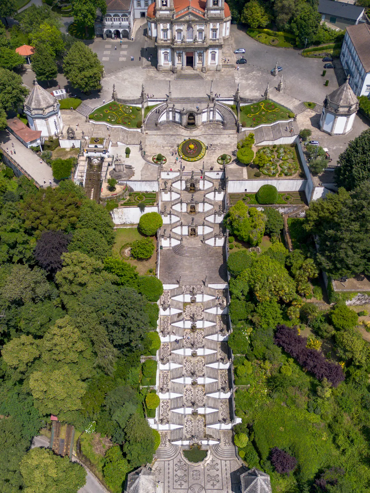 Aerial view of the Bom Jesus do Monte sanctuary and staircase in Braga