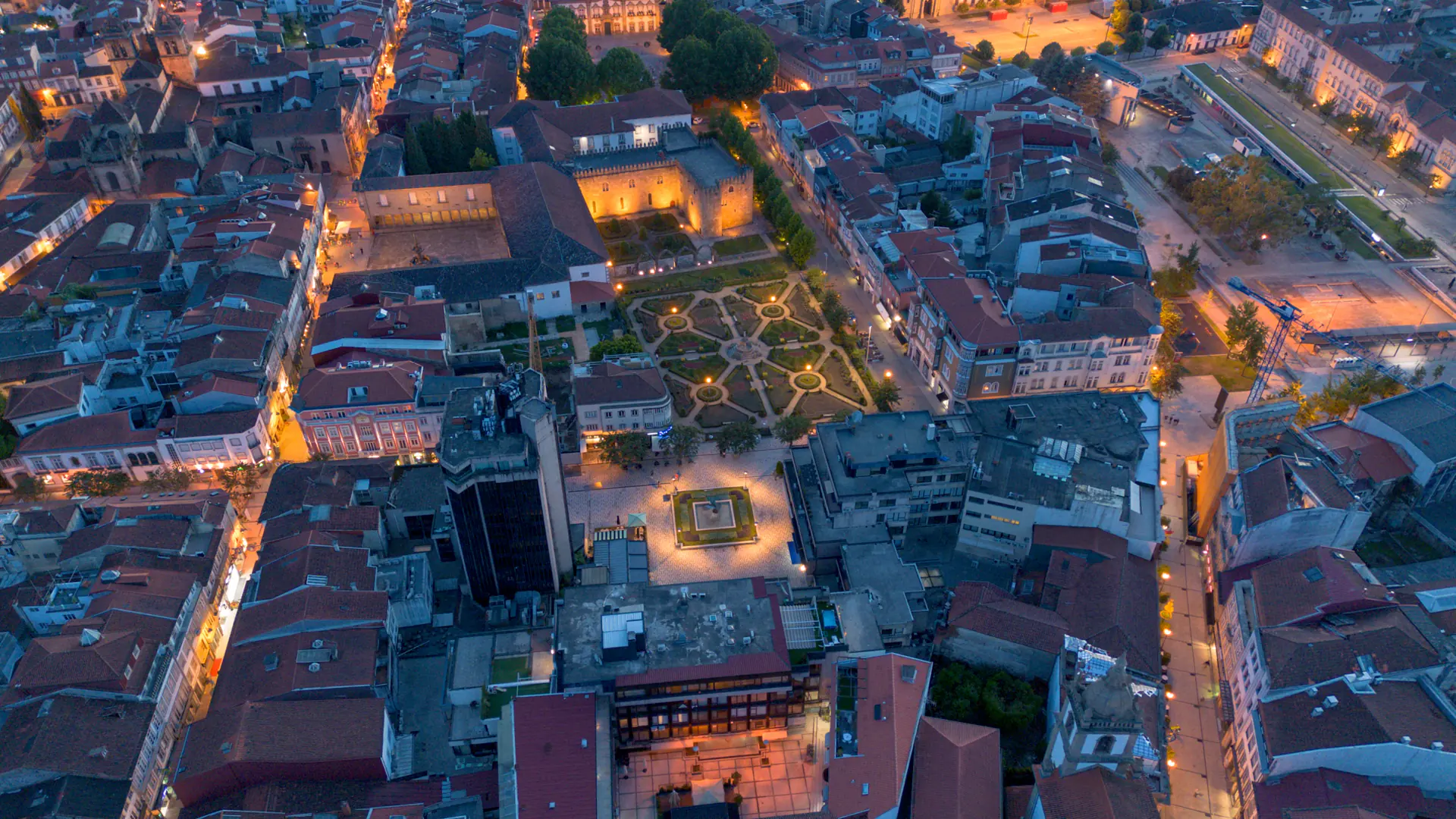 Braga city centre at dusk, seen from above